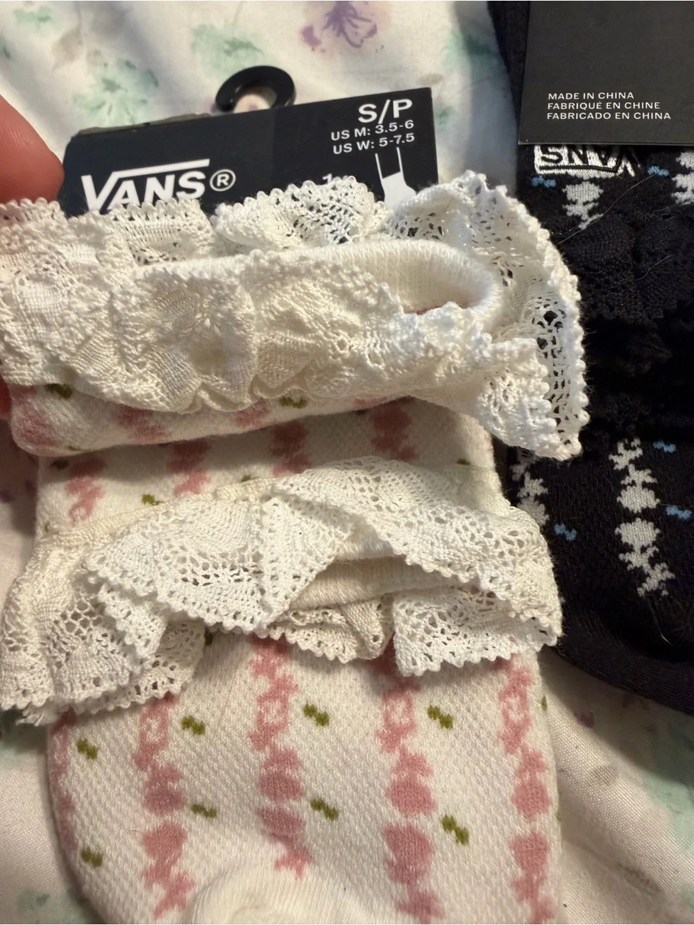 Vans Women's Half Crew Ruffle Socks - White & Black with Pink/Blue Accents 5-7.5